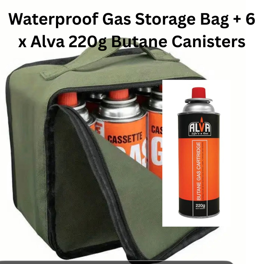 CoreFit Butane Fuel Bundle – Waterproof Gas Storage Bag + 6 x Alva 220g Butane Canisters