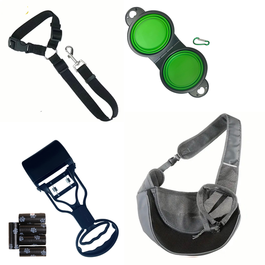 Little Paws Travel Kit – Small Pet Carrier Sling, Car Seat Belt Lead, Collapsible Bowl & Poop Scoop Bundle