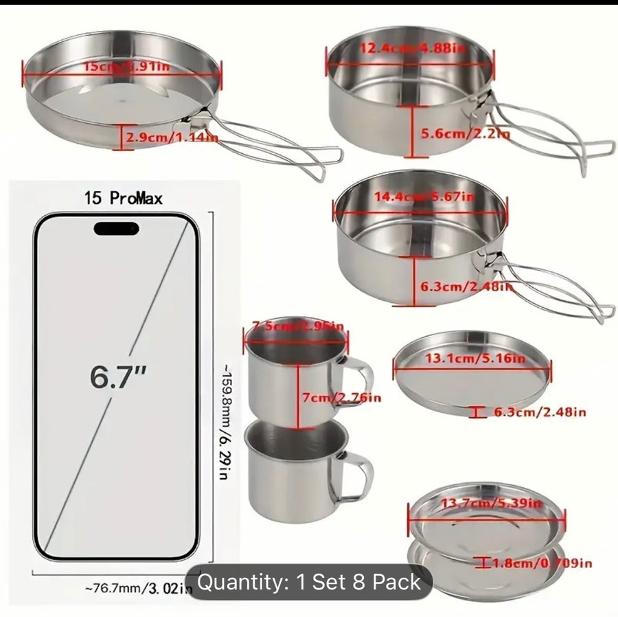 8-Piece Stainless Steel Camping Cookware Set