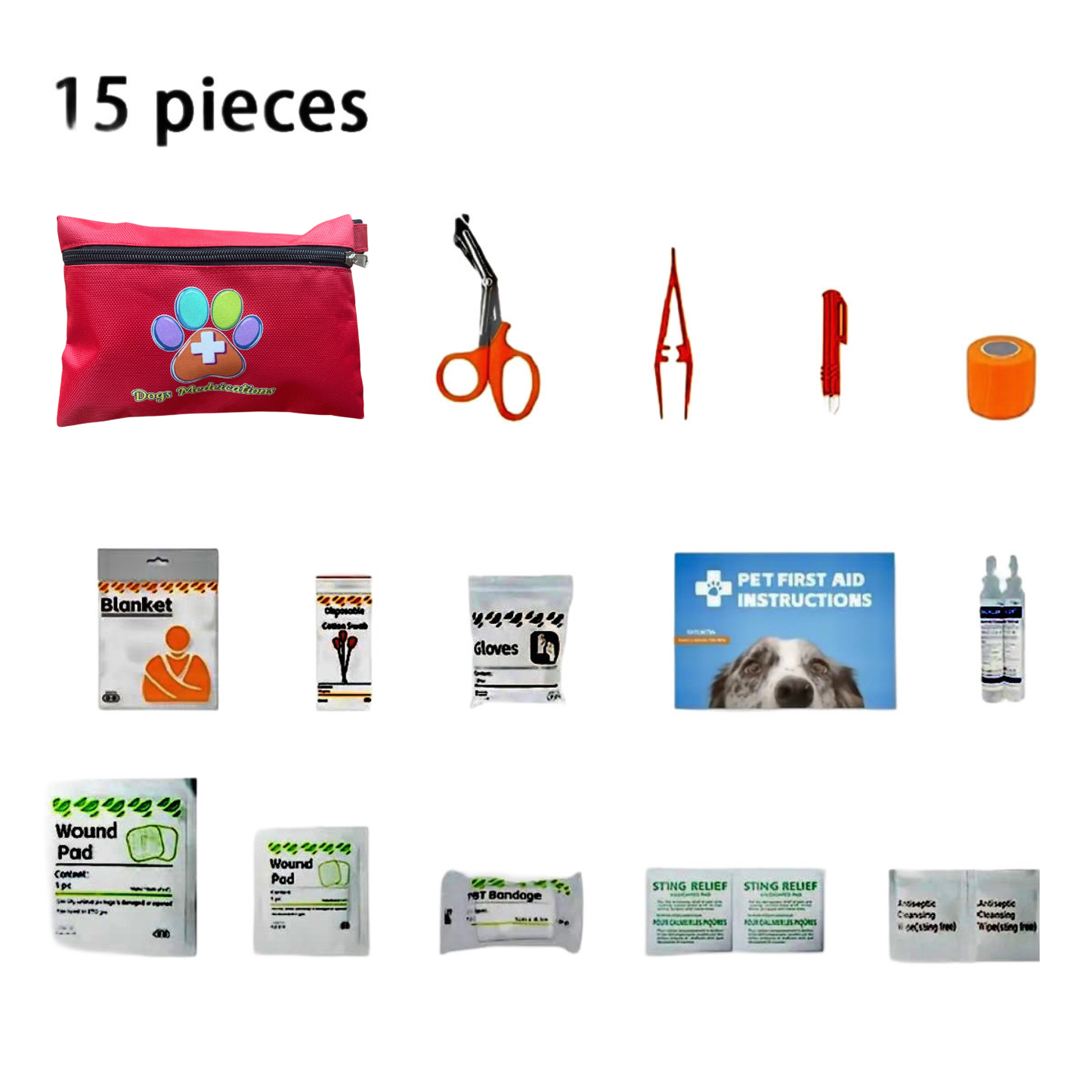 15pcs Pet First Aid Kit. Ideal for any Pet Emergency!
